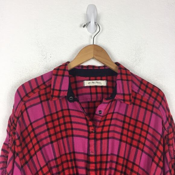 Free People Pacific Dawn Red Pink Drawstring Plaid Shirt Medium - Picture 4 of 14